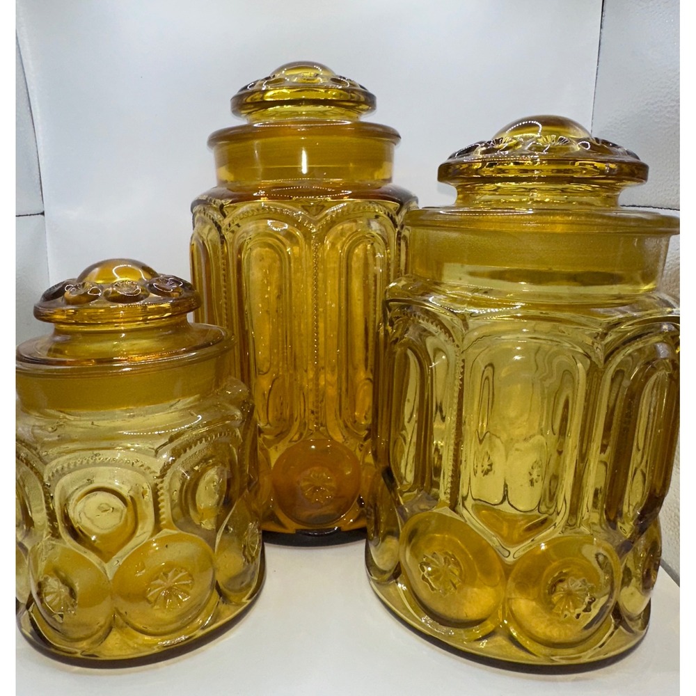 Vintage LE Smith Moon and Star Amber Glass Canister Set 3 Piece Mid Century